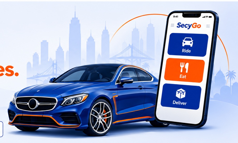 SecyGo blue car and mobile app showing Ride, Eat and Deliver